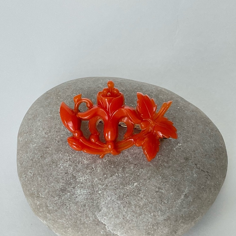 Vintage Celluloid Flower Pin, Orange Faux Coral, Art Nouveau Pin